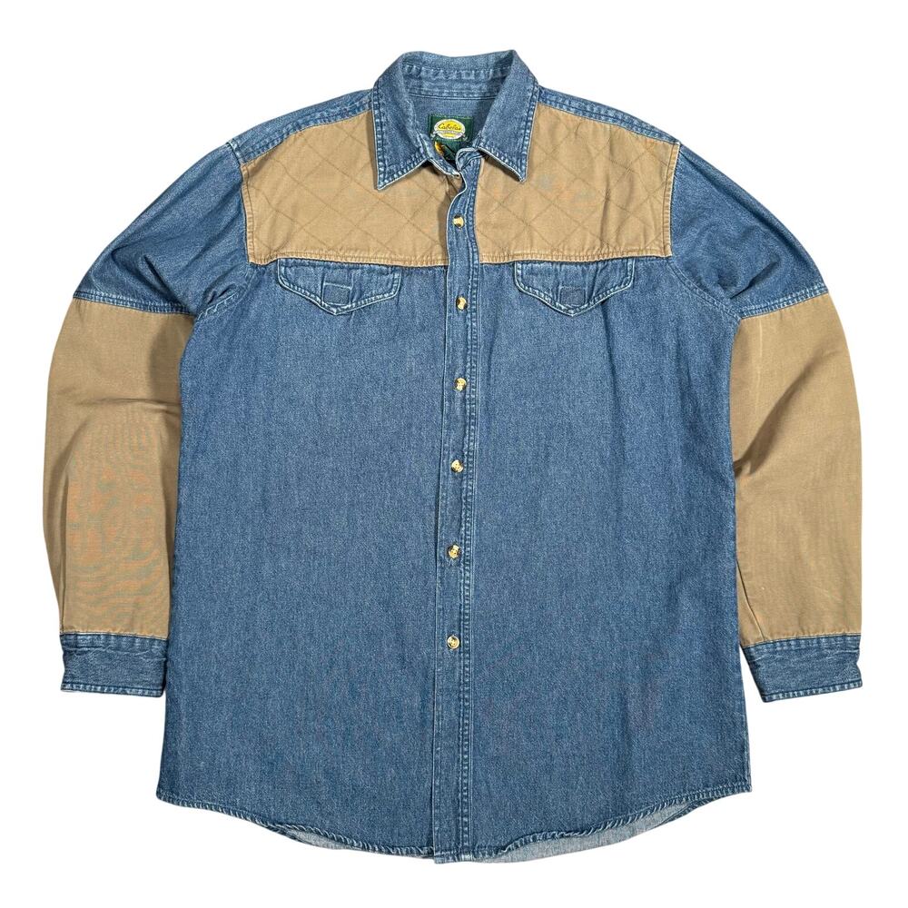 Vintage Cabela’s Denim Shooting Shirt Jacket Quilted Shoulder Workwear L Tall